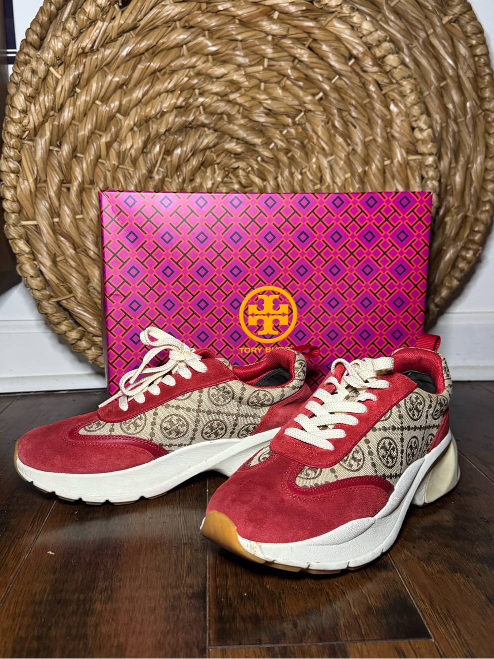 Tory Burch T Monogram Good Luck Trainers Hazel + Tory Red Low Top (Size 8.5)